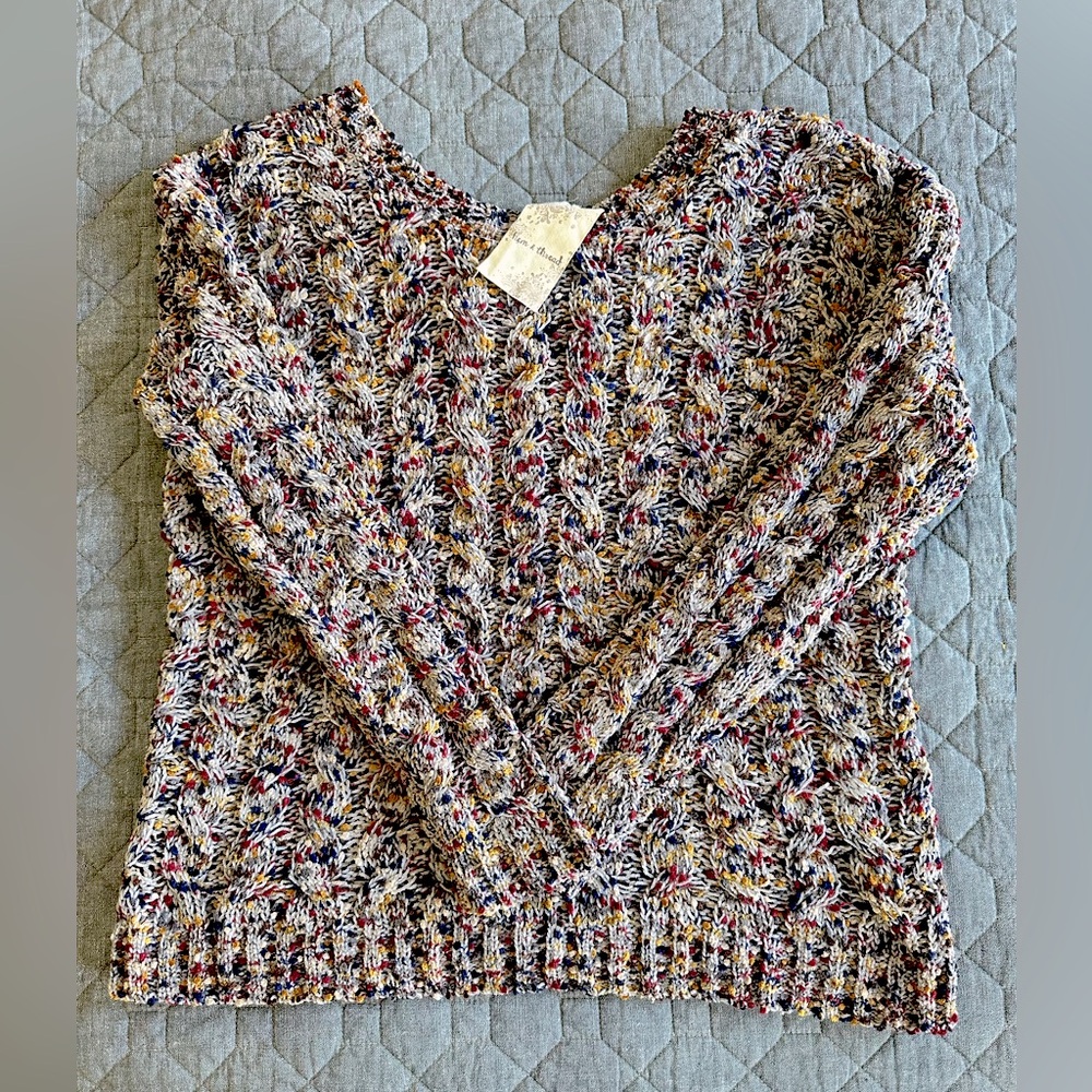 NWT Hem & Thread marled chenille cable knit sweater w/ crisscross back - size L